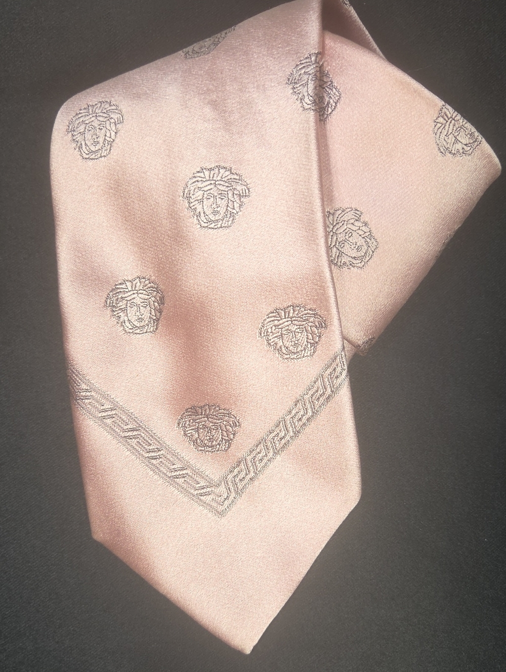 VTG Gianni Versace Pink Silk Medusa Head Greek Key Tie — Authentic